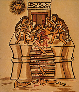 Human sacrifice to honour the sun, Aztec codex, 16th century. The Granger Collection, New York (40K)