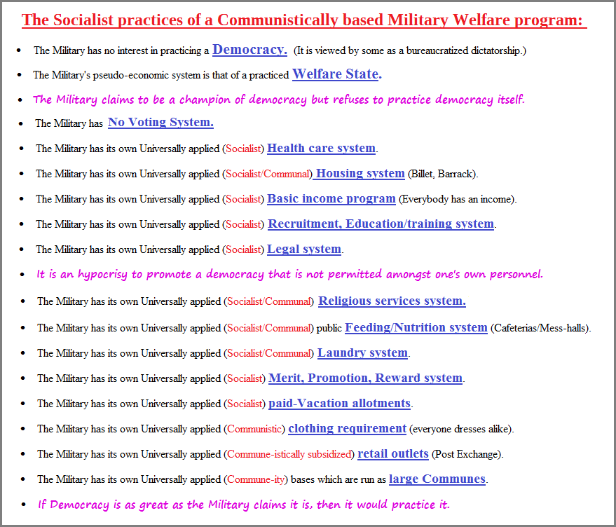 A list of Military benefits in context with their representation of a given political philosophy