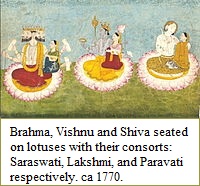Braham, Vishnu, Shiva sitting on lotuses with consorts
