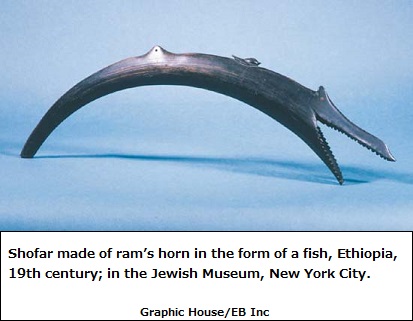Shofar made from a Ram's horn resembling a fish Shofar made from a Ram's horn resembling a fish